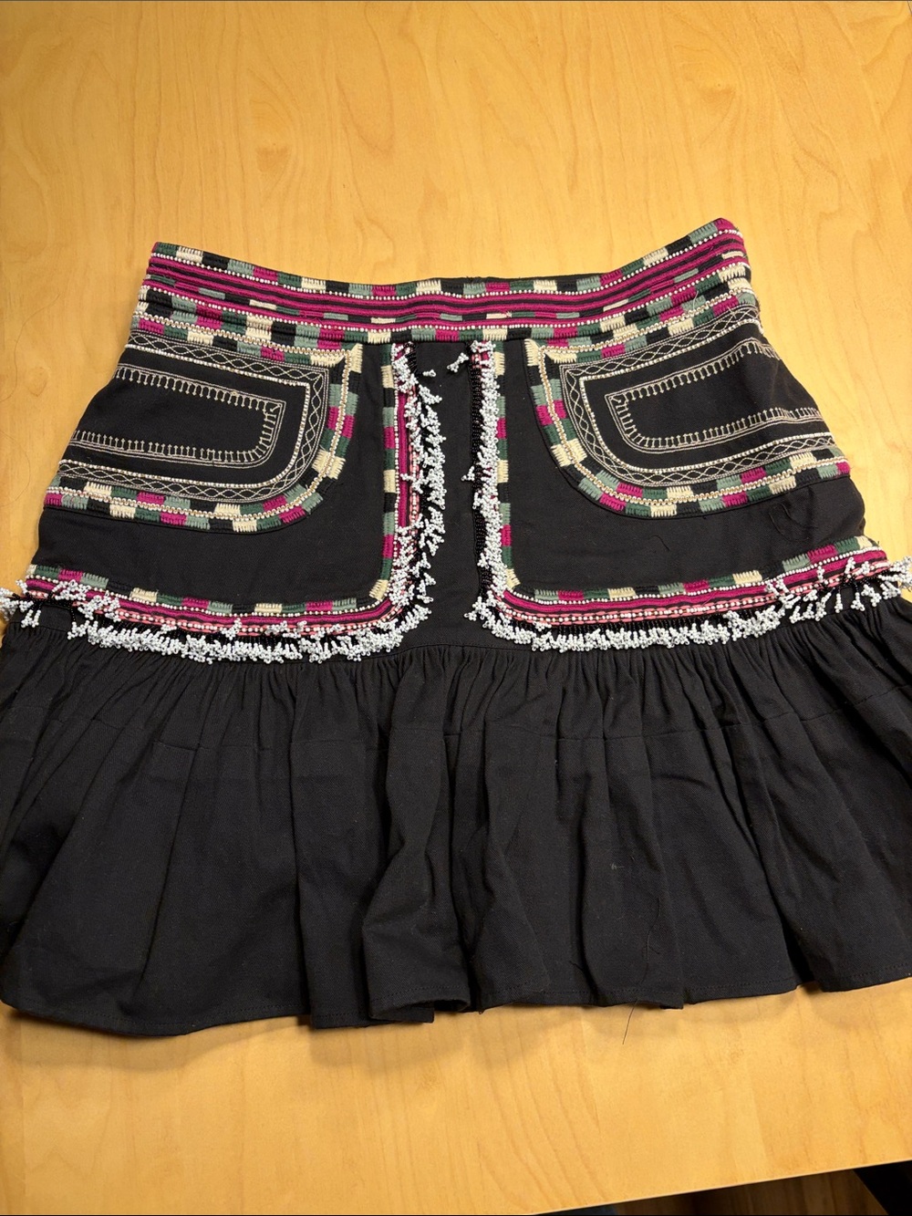 Isabel Marant Black Mini Skirt with Pink & Green Embroidered Trim
